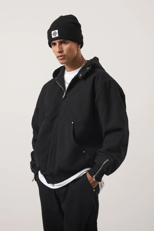 The Couture Club Coats & Jackets-Distressed Woven Canvas Hooded Jacket