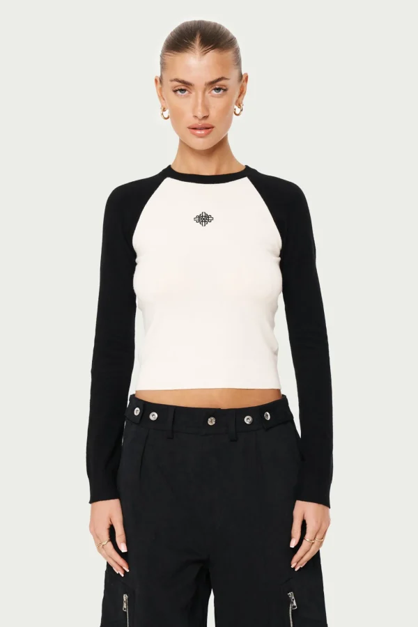 The Couture Club Tops-Emblem Fine Knitted Long Sleeve Top