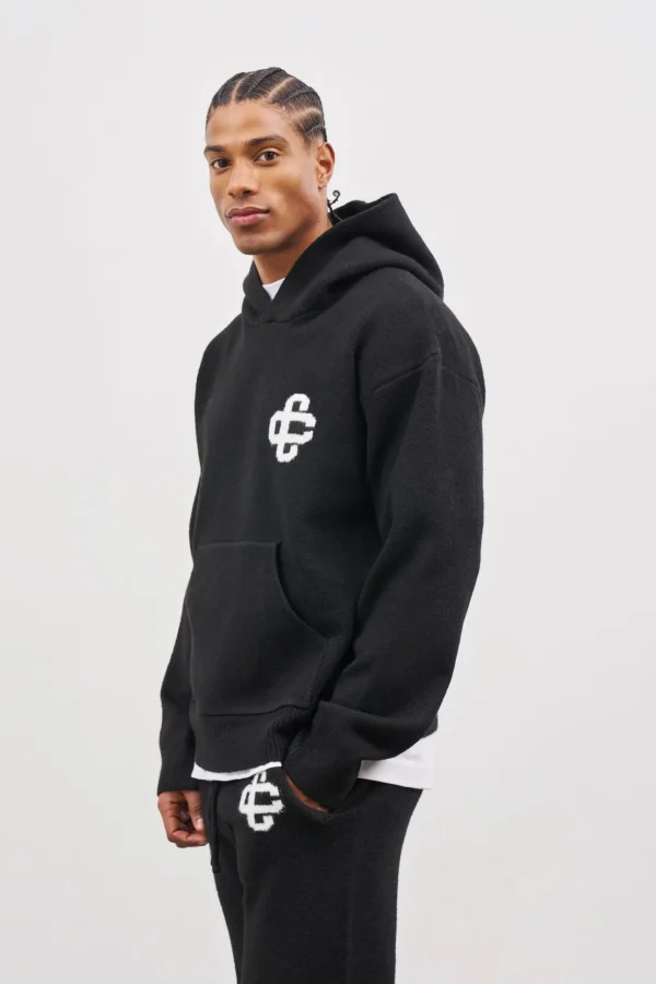 The Couture Club Knitwear-Fluffy Knit Emblem Hoodie