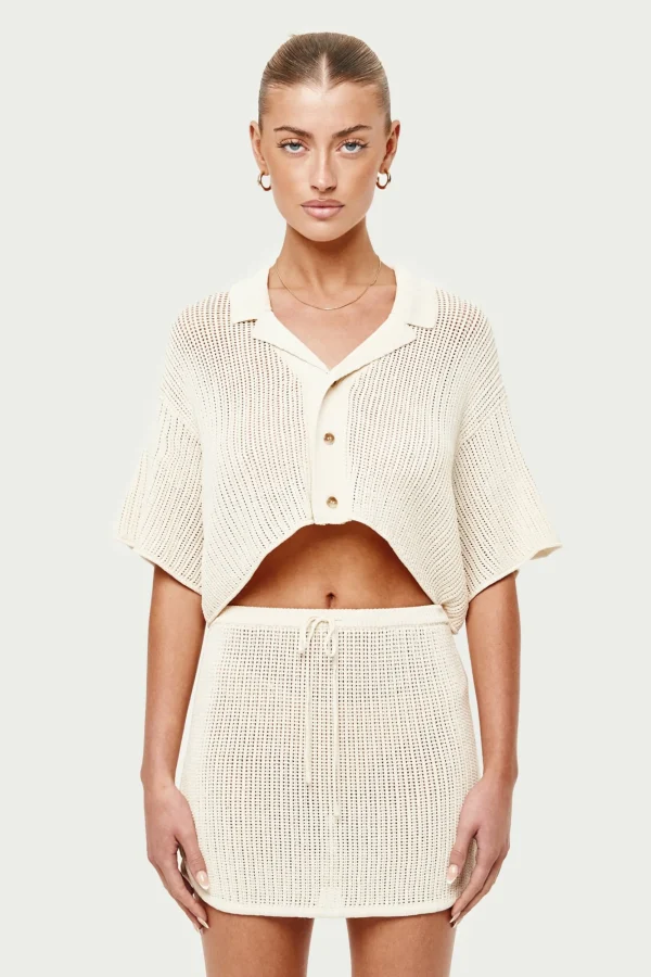 The Couture Club Co-Ords & Sets-Knitted Cropped Resort Shirt