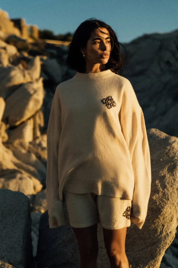 The Couture Club Twinsets-Lightweight Fluffy Knit Emblem Crew