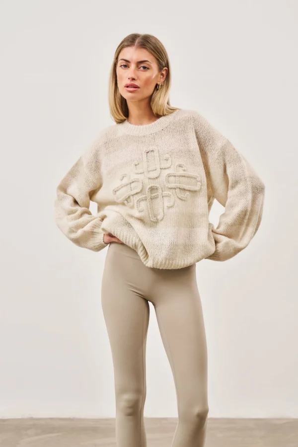 The Couture Club Sweatshirts-Lightweight Stripe Emblem Oversized Knit Jumper