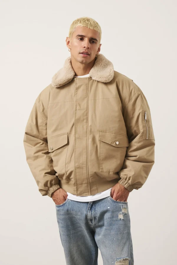 The Couture Club Coats & Jackets-Oversized Borg Detail Bomber Jacket