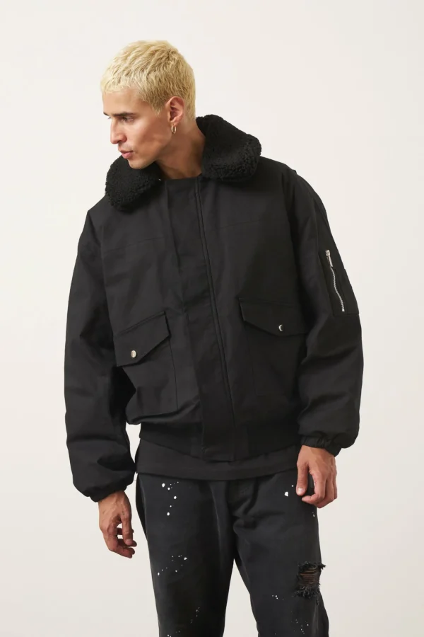 The Couture Club Coats & Jackets-Oversized Borg Detail Bomber Jacket