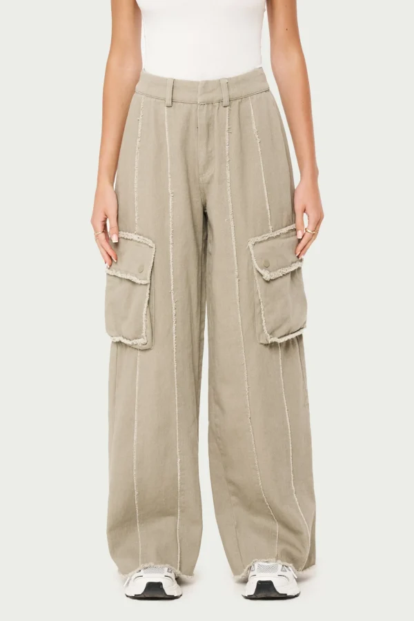 The Couture Club Bottoms-Raw Seam Detail Wide Leg Cargo
