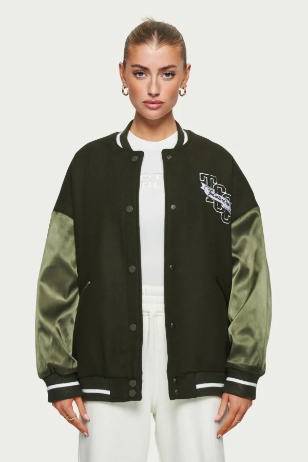 The Couture Club Coats & Jackets-Satin Sleeve Oversized Varsity Jacket