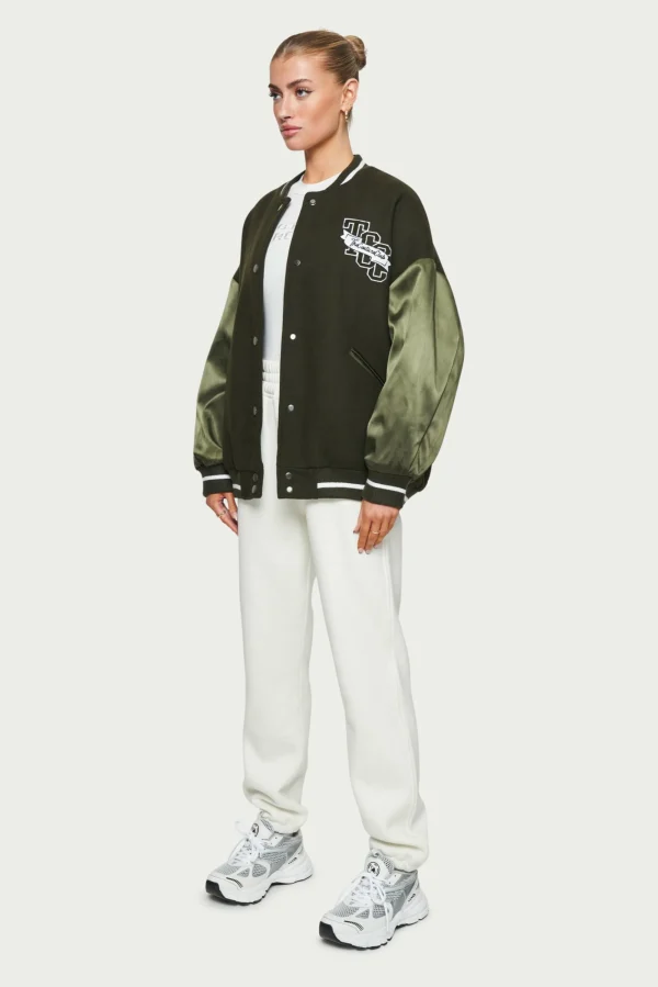 The Couture Club Coats & Jackets-Satin Sleeve Oversized Varsity Jacket