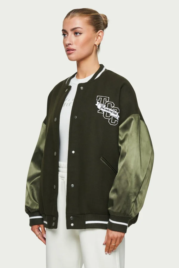 The Couture Club Coats & Jackets-Satin Sleeve Oversized Varsity Jacket