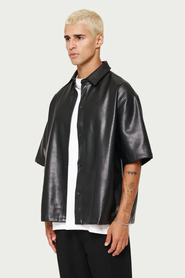 The Couture Club Shirts-Short Sleeve Boxy Leather Shirt