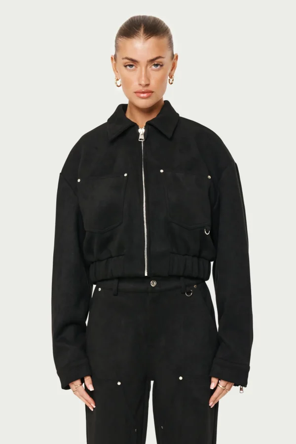 The Couture Club Co-Ords & Sets-Suede Cropped Carpenter Bomber Jacket