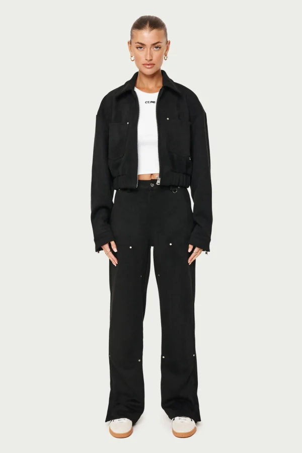 The Couture Club Co-Ords & Sets-Suede Cropped Carpenter Bomber Jacket