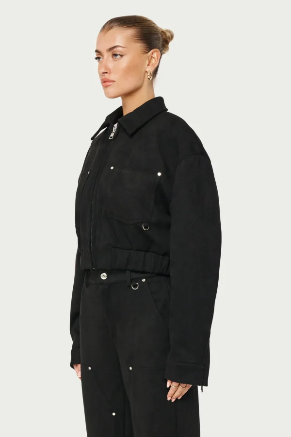 The Couture Club Co-Ords & Sets-Suede Cropped Carpenter Bomber Jacket