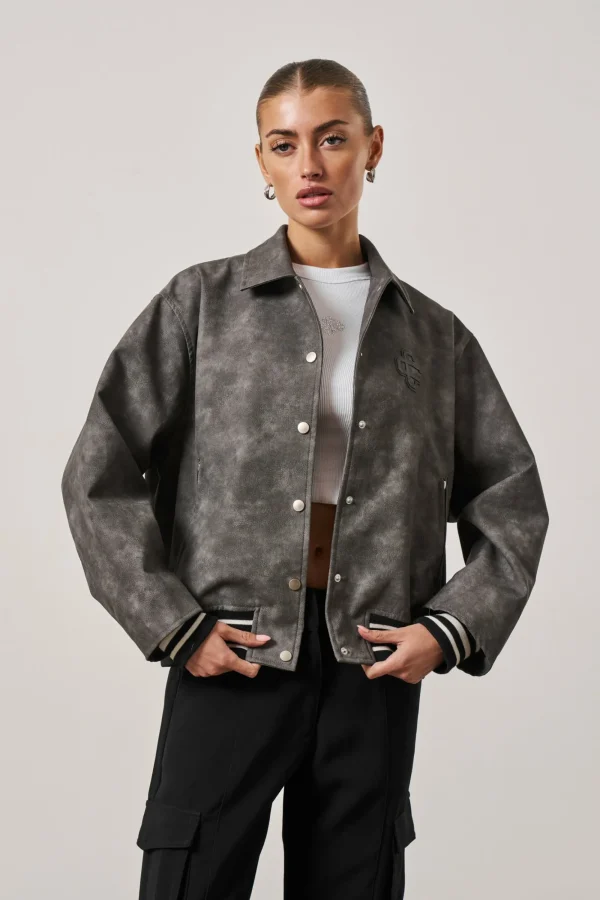 The Couture Club Coats & Jackets-Vintage Look Oversized Faux Leather Bomber