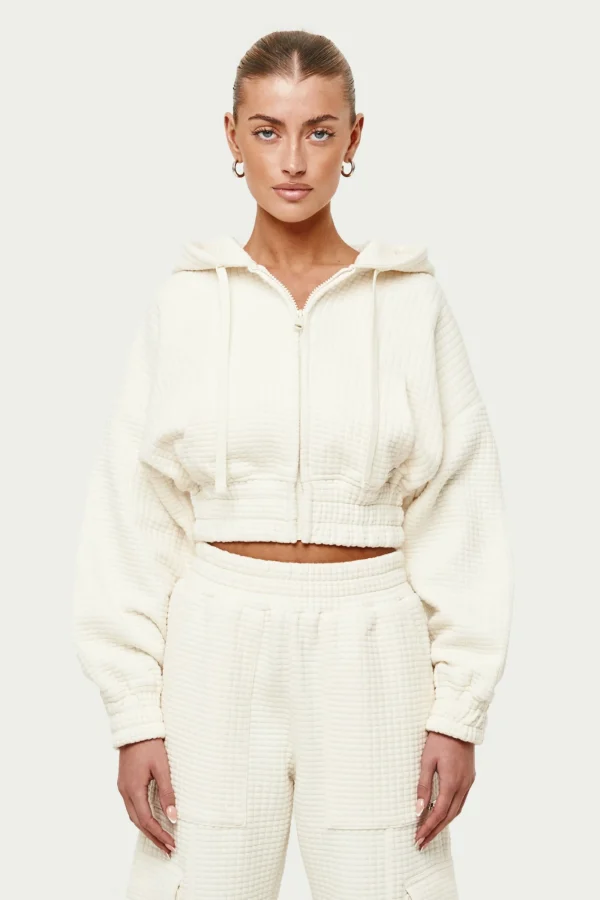 The Couture Club Hoodies-Waffle Cropped Zip Through Cropped Hoodie
